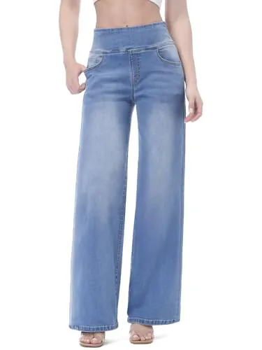 Chasehot Vaqueros Mujer Largos, Pantalones Rectos y Ancha Jeans Elásticos Push Up Cintura Alta con Bolsillos Talla Grande, Lavado Azul Medio-L, 31"