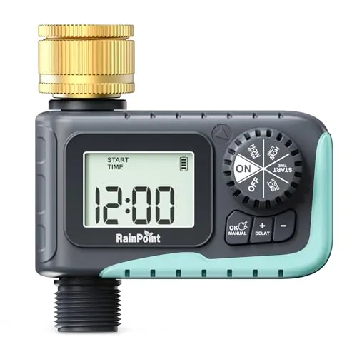 RAINPOINT Programador Riego Automatico con Entrada de Latón, Temporizador de Riego con Retraso por Lluvia/Riego Manual, Alto Flujo de Agua, para Césped y Jardín