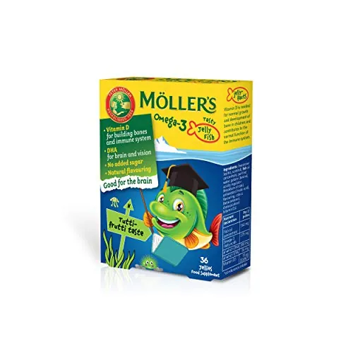 Moller’s ® | Omega 3 para niños | Omega-3 Cápsulas de Aceite de Pescado con Ácidos Grasos Omega 3 | Con DHA y EPA, Sin Gluten, Sin Lactosa, Sin Azucares Añadidos | Tutti Frutti | 36 Uds