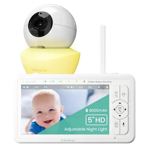 Babysense HDS2 Monitor de Vídeo para Bebé con Cámara y Audio, Vigilabebés de 5" HD 720p, sin WiFi, Luz Nocturna Ajustable, Alcance Extendido, Audio Bidireccional, Zoom 4X, Visión Nocturna, Batería