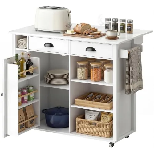 HOMCOM Isla de Cocina con Tablero Plegable 117,5x70x91 cm Blanco