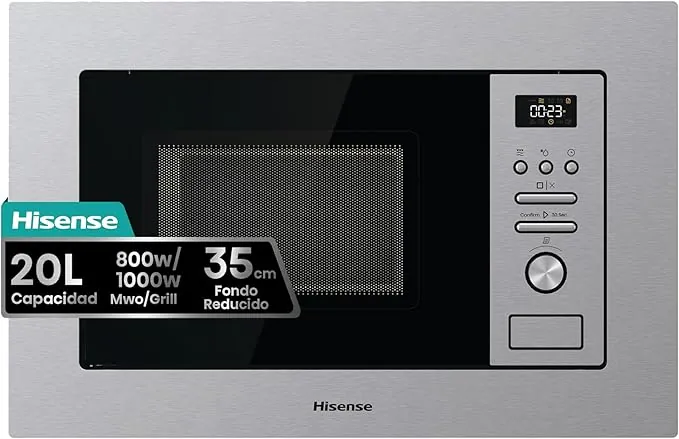 Hisense BIM320G41X - Microondas Integrable, 1000W, 20L, Alto 38.8cm x Ancho 59.5cm, Color Inox, 5 Niveles de Potencia, 15 Programas Preestablecidos, Grill Combo, Descongelar por Tiempo o Peso