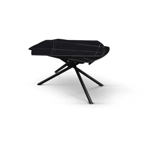 PAZZO DESIGN Mesa Extensible Giratoria Brando, Tablero de Cerámica Negro Sahara, Patas de Metal Negras, Cocina, Salón, Ovalada, 120 x 88 x h76 cm - id_2207