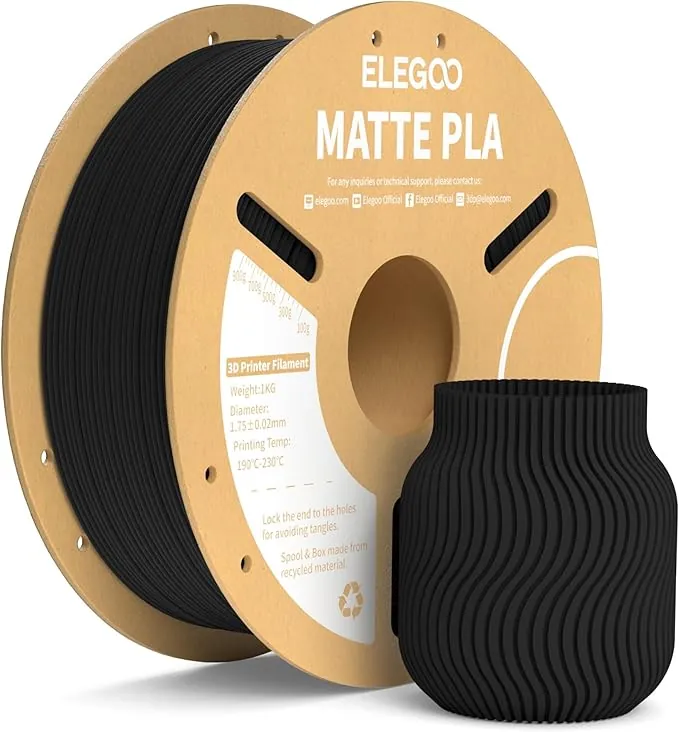 ELEGOO Filamento PLA MATE 1.75 1KG Negro, Filamento para Impresora 3D, Precisión Dimensional +/- 0.02mm, Carrete Filamento 3D,para Mayoría Impresoras 3D