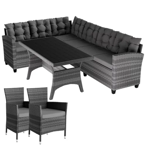 CASARIA® Conjunto Jardin Exterior Poliratán 2 Sillas WPC Sillones Esquineros con Cojines Mesa 8 Personas Resistente Intemperie Muebles Salón Terraza Gris