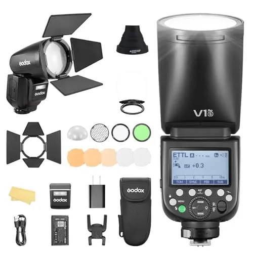 Godox V1PRO-S V1Pro S Cabeza Redonda Flash de Cámara con AK-R1 TTL Speedlite 2.4G Inalámbrico TTL Speedlight Strobe,76Ws HSS 1/8000s con Batería Li-Ion para Cámaras Sony