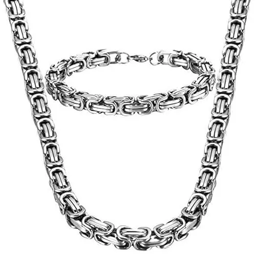 Juego de collar y pulsera de cadena bizantina de acero inoxidable trenzado para hombre, estilo motociclista, punk, hip hop, rock, accesorios de joyería, Mediano, Metal, No es una piedra preciosa