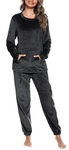 Lovasy Pijama Mujer Invierno Polar Franela con Bolsillos,Negro,S | Sudadera de Cuello Redondo, Warm Conjunto Pantalones con Cordón Ajustable, Ropa de Descanso Suave para Otoño e Invierno