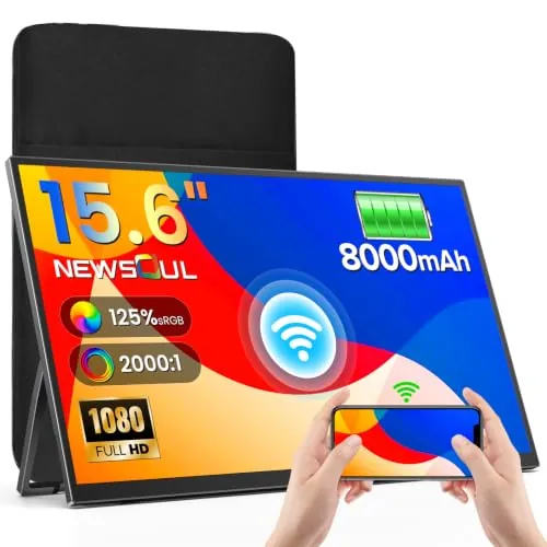 Newsoul Monitor Portátil Inalámbrico con Batería 8000 mAh,15.6" Pantalla Portatil 1080P IPS 125% sRGB, Pantalla Móvil Externa con Mini HDMI/USB-C para Laptop/PC/Phone, Soporte AirPlay/Miracast