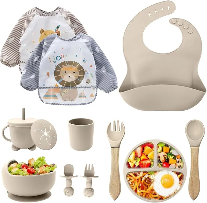 Cubiertos Bebe,Juego de 12 Piezas Platos Bebe con Ventosa, Baby Led Weaning,Cubiertos Infantiles,Juegos de Vajilla Bebe,Cuchara Bebe,Babero Silicona Bebe,Plato de Silicón Antideslizante Sin BPA