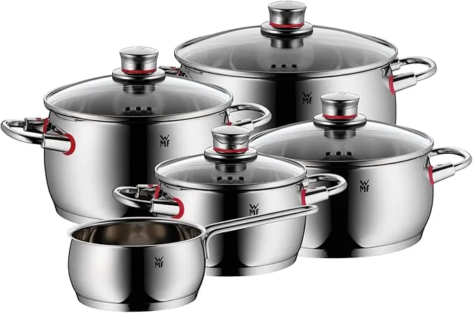 WMF Quaity One - Batería de Cocina 9 Piezas, Acero Inoxidable Apto para Inducción, 1 Cacerola Baja de 20 cm, 3 Cacerolas Altas de 16 cm, 20 cm y 24 cm, 1 Cazo 16 cm con 4 Tapas de Cristal