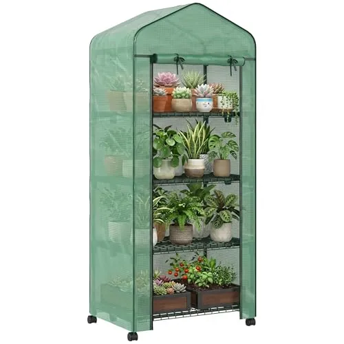 Outsunny Invernadero de Exterior con 4 Estantes y Ruedas, Invernadero de Jardín con Puerta Enrollable, Marco de Acero y Cubierta PE 140g/㎡ Anti-UV, Impermeable para Terraza, Patio, 70x50x165 cm, Verde