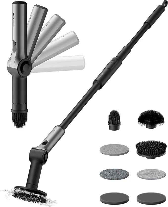 HOTO Cepillo Eléctrico Limpieza Hogar - Mango Extensible con Ángulo Ajustable, IPX7, Incluye 8 Cabezales Reemplazables para Limpieza Profunda de Baños, Azulejos y Superficies