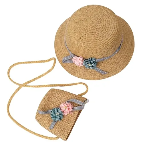 Sombrero de Paja Niñas Gorra de Sol Chica y Bolsillo Set con Decoracion de flores Gorro de Playa para Viaje Beach Piscina al Aire Libre Caqui