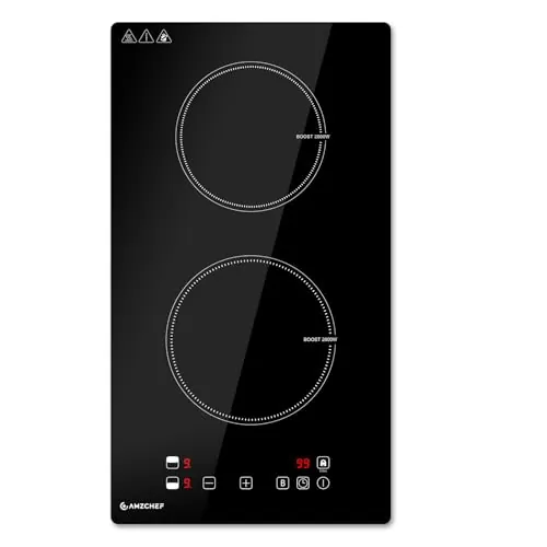 AMZCHEF placa induccion 2 fuegos con calentamiento continuo, 10 niveles de potencia y Boost, bloqueo de seguridad y temporizador, protección contra sobrecalentamiento, empotrable/portátil, 3700W