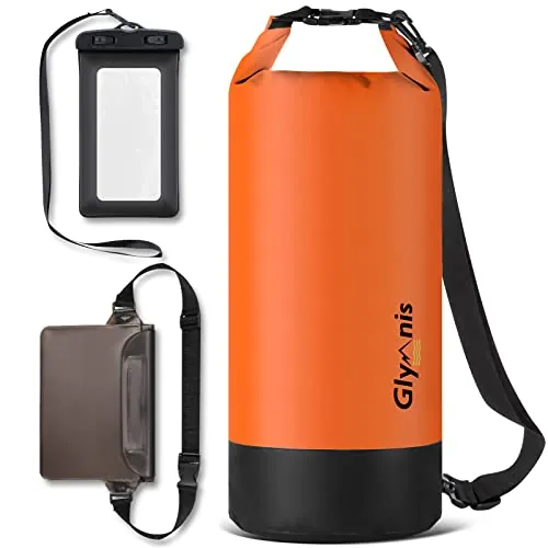 Glymnis Bolsa Estanca Bolsa Impermeable 5 L/10 L/20 L con Bolsa Cintura para Rafting Kayak Playa Senderismo Esquí Pesca Escalada y Camping (Naranja, 10 L)