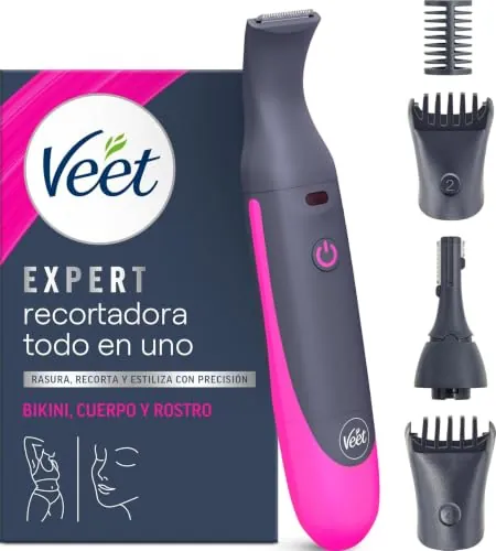 Veet Recortadora Todo en Uno, Bikini y Cuerpo Completo, Cara y Cejas, Rasuradora Mujer Zona Íntima Resistente al Agua, Con 2 Cabezales y 4 Peines para precisión, con Cargador USB