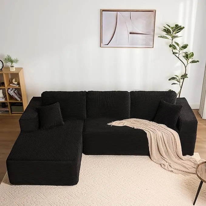 Sofá esquinero Modular en L con función Cama y Chaise Longue Derecha – Tapizado en Pana, Asiento Profundo – Sofá Cama para salón – Sin Montaje (Negro, Chaise Longue Izquierda (Frente))