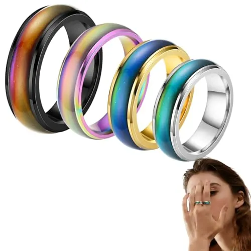 Pack De 4 Anillos De Estado De Ánimo Para Mujer Y Hombre, Acero Inoxidable Con Cambio De Color Por Temperatura, Accesorio Antiestrés Para Uso Diario Y Regalo