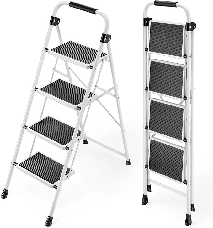 KINGRACK Escalera Plegable 4 Peldaños, Escalera de Tijera con Pedales Antideslizantes Anchos, Barandilla, Escalón Taburete de Acero Portátil Uso Hogar Cocina Oficina, Carga hasta 150 kg, Blanco