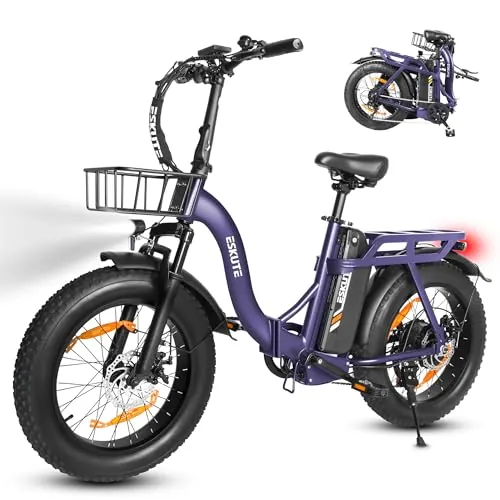 ESKUTE Bicicleta Eléctrica Plegable para Adultos D202 Pro, Fat Bike 20×4.0 con Cesta Delantera, Batería Extraíble 48V 20,8Ah, Motor 250W, hasta 100KM