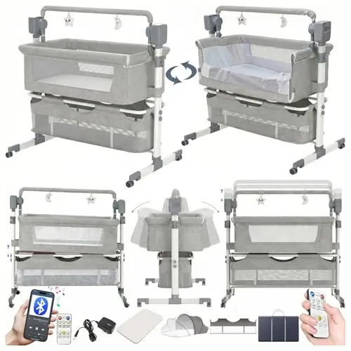Doraystar Eléctrico Bluetooth Inteligente Cuna Colecho Bebe, Minicuna Colecho Bebe Plegable Convertible, Cuna Next to me con Colchon, Música, 5 Engranajes de Balanceo y Control Remoto (601 Light Grey)