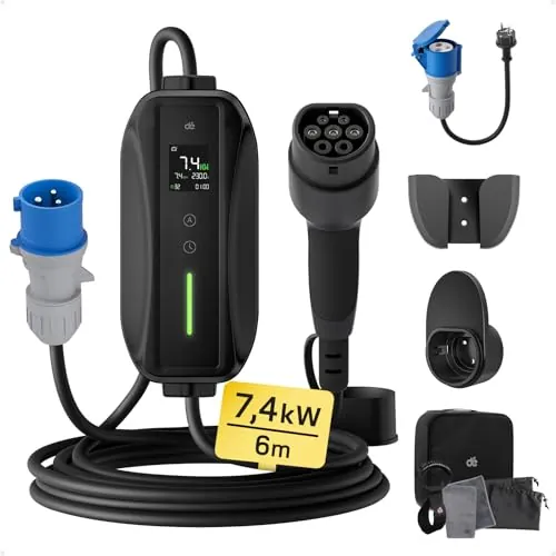 dé Cargador Coche Eléctrico 7,4kW, 32A[6m, 6-32A] con Potencia de Carga Ajustable, Estación de Carga para 3/Y, 500e, Spring y Otros EV/PHEV