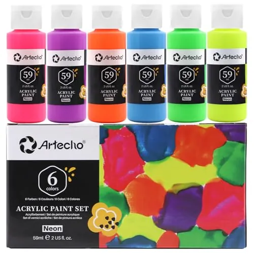 Artecho Pinturas Acrilicas Fluorescente 6 × 59 ml, Neon Pintura, Fluorescente bajo luz UV, para Lienzos, Textil, Madera, Cristal, Piedras.