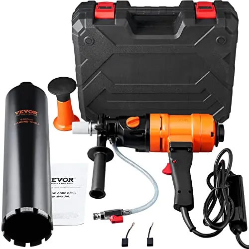 VEVOR Taladro de Diamante Diámetro de 8-10,2 cm Taladro de Mano para Hormigón Profundidad de 400mm Broca Diamantada 1500W 1100/2400 rpm con Extractor de Núcleos y Nivel Construcción de Hormigón Armado
