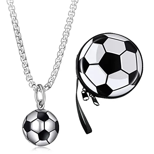 Jadive 2 Piezas Set Collar de Fútbol con Colgante de Pelota de Plata y Monedero Redondo de Deporte con Cremallera Caja para Premios Regalo de Fiesta de Cumpleaños de Niños