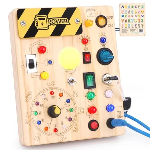 Busy Board Montessori Juguete a partir de 1 año de madera juguete de actividad motora sensorial juguete educativo con 10 interruptores y 23 luces LED para niños pequeños regalo para niños niñas 1 2 3