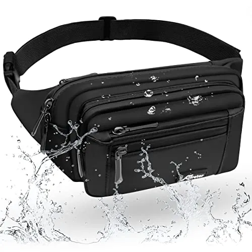 HNOOM Riñonera Resistente al Agua con 5 Bolsillos con Cremallera para Hombre Mujer, Bolsa de Cinturón Moda Grande con Cinturón Ajustable para Viaje, Senderismo, Correr, Entrenamiento (Negro-1)