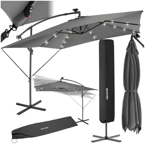 tectake® Sombrilla Terraza Exterior con Iluminación Solar LED, Sombrilla Playa con Manivela Manual e Inclinación Ajustable, Parasol Jardín, Parasol Terraza, 250x250cm, con Funda Protectora - gris