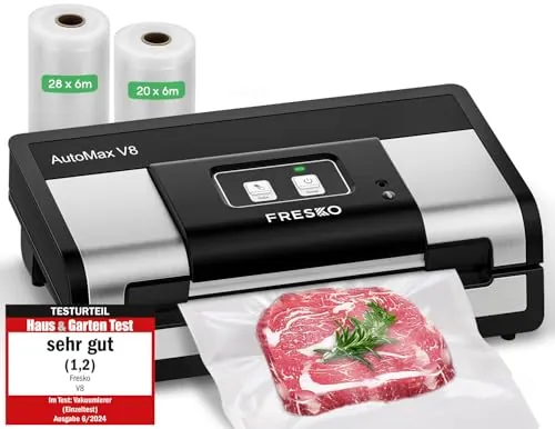 FRESKO Automática Envasadora al vacio, 140 Watts,Envasadora al vacio doméstica manos libres,Detección seca/húmeda,Bolsa de 2 rollos,Cortador incorporado y almacenamiento de bolsas
