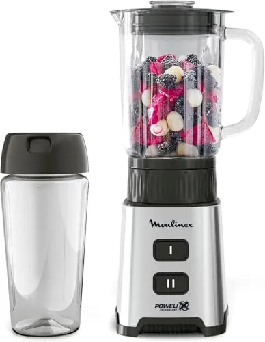 Moulinex Pulseo, Batidora de vaso individual de 400 W, Tecnología Powelix, Cuchillas extraíbles, 2 velocidades, Control de textura, Con recipiente portátil de 600 ml, Acero inoxidable, LM17GD