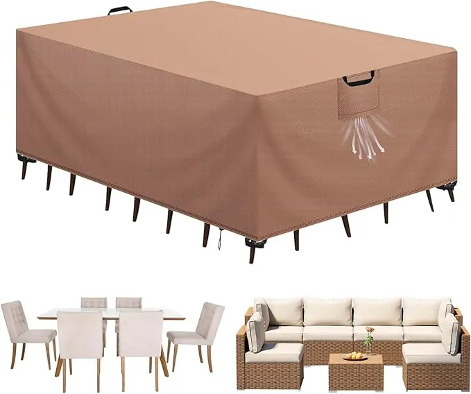 Funda Mesa Exterior Impermeable, Funda para Muebles de Jardín, Cubierta para Muebles de Jardin Tela Oxford 420D Anti Viento Anti UV Funda Protectora Mesa Exterior, Caqui,300x250x100cm