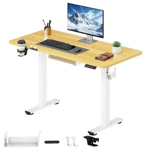 SANODESK Escritorio Elevable Eléctrico 110x54cm con Tablero Completo, Mesa Ajustable en Altura con Sistema Anticolisión, Función de Memoria de 4 Alturas con Gancho y Caja de Almacenamiento, Arce