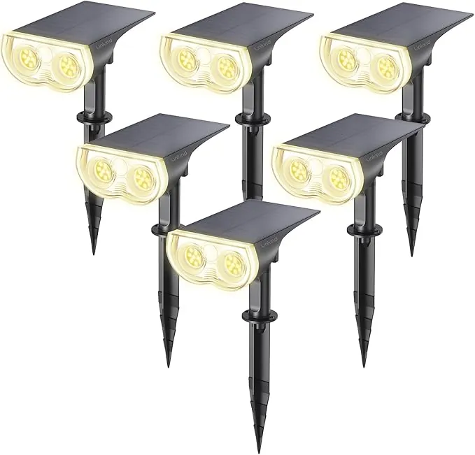 Linkind Luces Solares LED Exterior Jardin, Foco Solar con Sensor de Luz, Blanca Cálida 3000k 800lm, Lámpara Solar Impermeable IP65 para Iluminación de Caminos, Patio, Terreza y Camping (6 Piezas)