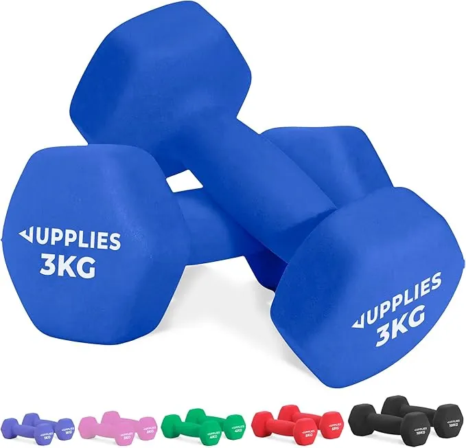 JUPPLIES Juego de Pesas y Mancuernas de Neopreno 1Kg/2Kg/ 3Kg/ 4Kg/ 5Kg/10Kg (Pares) - Diseño compacto, Anti-Rodamiento y Antideslizantes - Entrenamiento en Casa