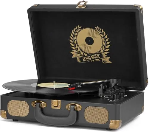Tocadiscos de Vinilo con Bluetooth, Salida Digital USB, 3 velocidades, portátil, Vintage, con Altavoces Integrados, Salida de línea RCA AUX en Conector para Auriculares, Tocadiscos Vintage - Negro