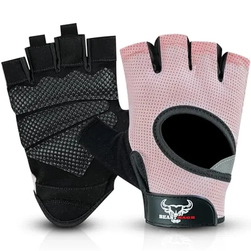 BEAST RAGE Guantes de Fitness parlevantamiento de Pesas para Hombres y Mujeres, Transpirables,Antideslizantes,Acolchados de Silicona,Guantes de Gimnasio Entrenamiento Ciclismo (M, Rosa)
