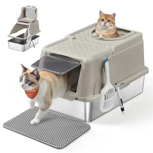 Feandrea Arena Gato, Inoxidable para Gatos con Tapa Abatible, Beige