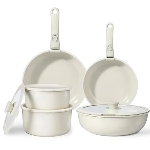 GiPP Juego de Ollas y Sartenes Cerámicas Antiadherente - Juego de Cocina con Mangos Desmontables, No Tóxico, Apto para Inducción, Horno y Lavavajillas(Blanco 11PCS)
