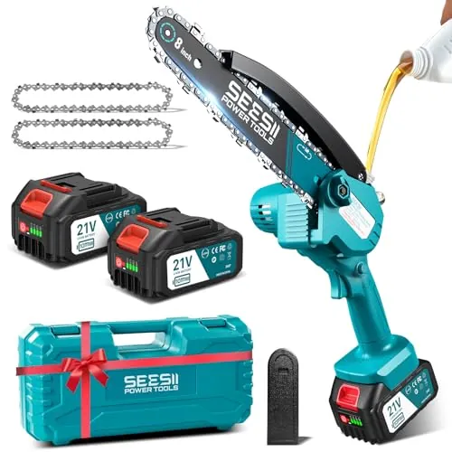 SEESII 8 pulgadas Mini motosierra de batería 2x4000mAh, motosierra eléctrica inalámbrica con inyector lubricante y cadena de repuesto, mini motosierra eléctrica para jardín, M8 Pro