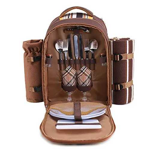 APOLLO WALKER Mochila Picnic, Juego de Picnic Set 4 Personas (Vajilla y Manta), Nevera Playa Mochila, Bolsas Mochilas Termicas para Acampar, Playa y Senderismo（Café - Dos Personas）