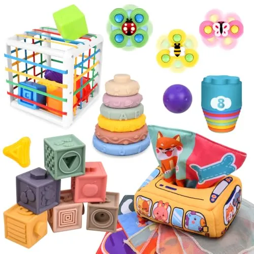 IEEILULU 6 en 1 Juguetes Montessori para bebé, Juguetes para bebé de 6 a 12 meses, bloques de construcción apilables, caja de pañuelos, juguetes Montessori para niños pequeños de 1 2 3 años, regalo
