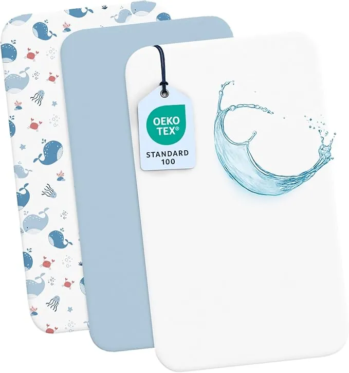 Dreamzie 2 Sabanas Minicuna + 1 Protector Colchón Cuna Impermeable Bebe⎥100% Algodón para Cuna, Moisés - 55x90 cm Estampado Ocean