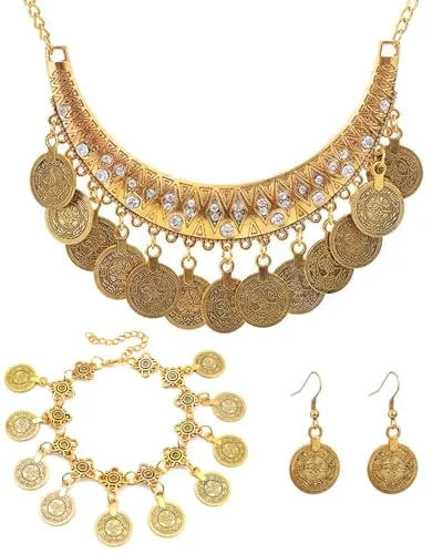 JEXOWIQ 4 Piezas Conjunto Collar y Pendientes Pulsera de Moneda,Juegos de joyas para mujer,Conjuntos de Bisutería Bohemia Mujer, Collar de Moneda Étnico Danza Del Vientre Adivino