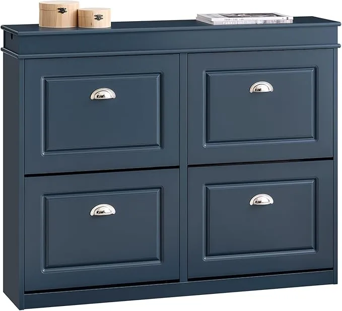 SoBuy Mueble Zapatero Estrecho con Cajón y Ganchos – Zapatero Estrecho Entrada Recibidor de 4 Puertas para 16 Pares – Mueble Recibidor Entrada Azul MDF 104x24x83cm – FSR79-B