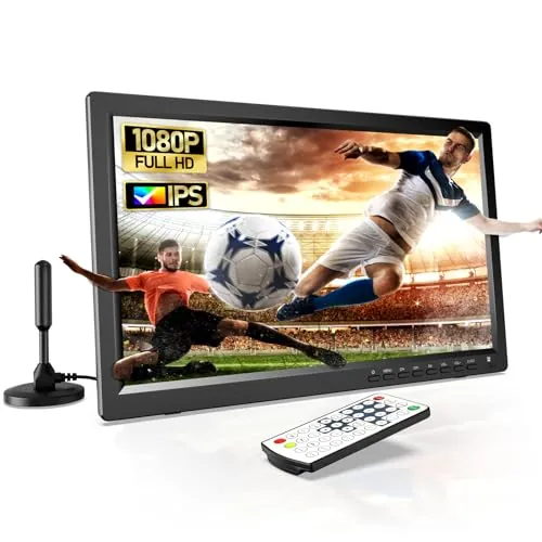 Desobry Televisor Portátil 15,6 Pulgadas HD 1080P - TV Camping con Batería 3000mAh, Sintonizador DVB-T2, HDMI/USB/AV - para Caravanas, Jardín